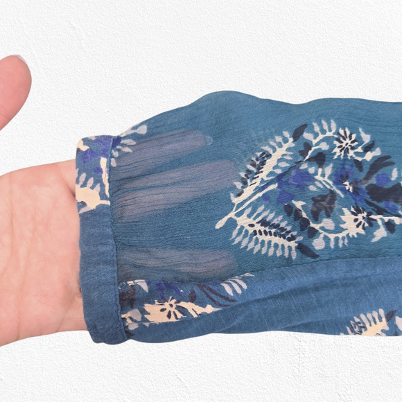 Y2K Lucky Brand Teal Blue Floral Peasant Blouse Boho Button Front Top Size Small - Picture 5 of 12